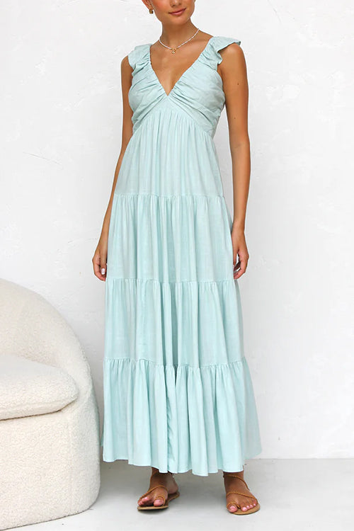 Trixiedress V Neck Ruffle Trim Tiered Sleeveless Linen Maxi Dress