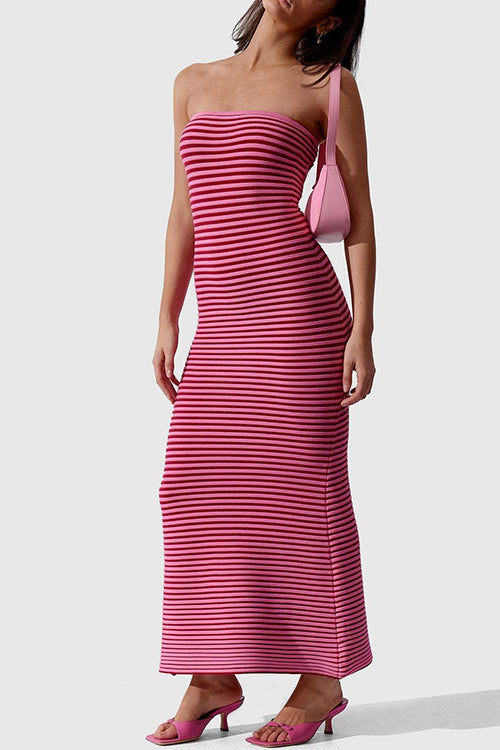 Trixiedress Strapless Tube Striped Knit Maxi Bodycon Dress