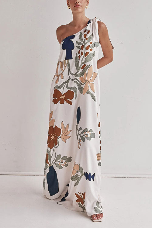 Trixiedress Tie Knot One Shoulder Floral Print Maxi Dress