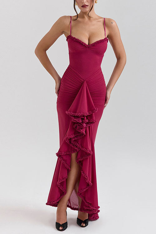 Trixiedress Spaghetti Strap Frill Trim Draped Slit Maxi Dress