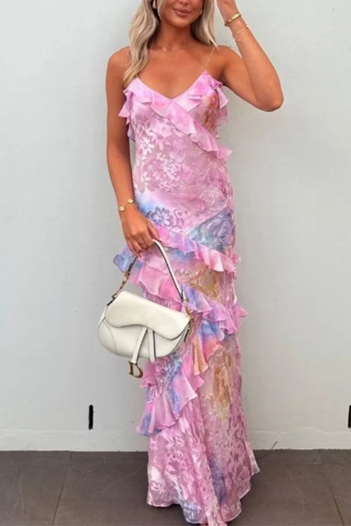 Trixiedress Spaghetti Strap Backless Ruffle Trim Printed Maxi Dress