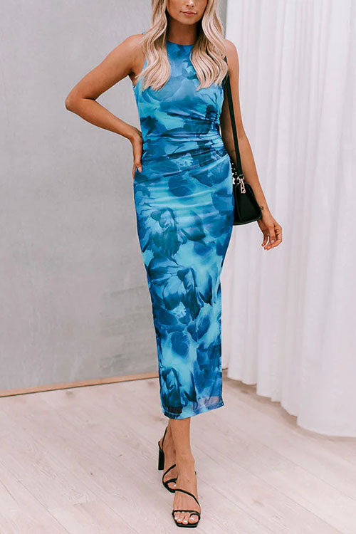 Trixiedress Side Slit Sleeveless Floral Print Bodycon Midi Dress