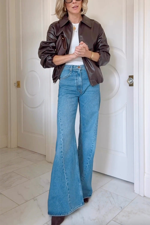 High Waist Pocketed Bell Bottom Denim Pants