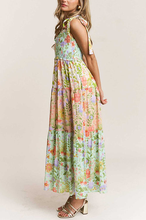 Trixiedress V Neck Bow Shoulder Tiered Floral Print Maxi Dress