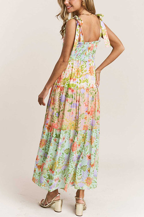 Trixiedress V Neck Bow Shoulder Tiered Floral Print Maxi Dress