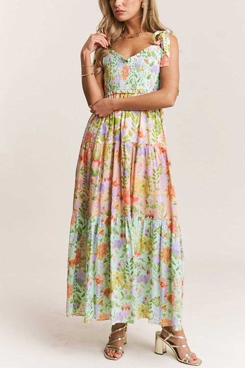 Trixiedress V Neck Bow Shoulder Tiered Floral Print Maxi Dress