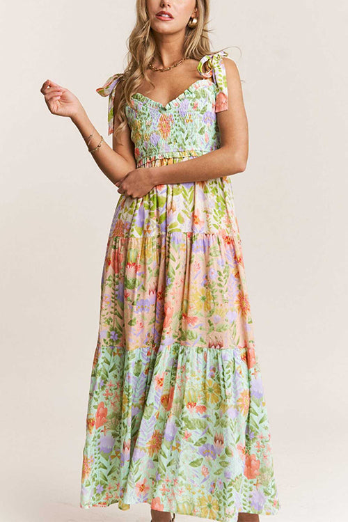 Trixiedress V Neck Bow Shoulder Tiered Floral Print Maxi Dress