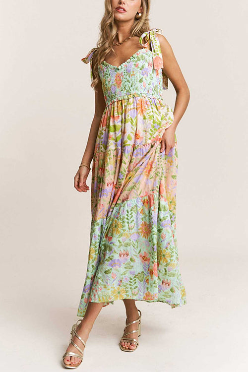 Trixiedress V Neck Bow Shoulder Tiered Floral Print Maxi Dress
