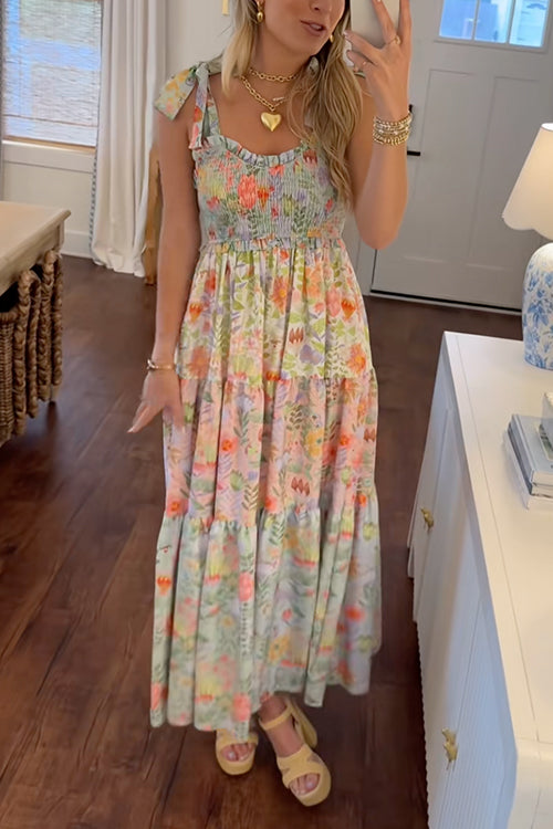 Trixiedress V Neck Bow Shoulder Tiered Floral Print Maxi Dress