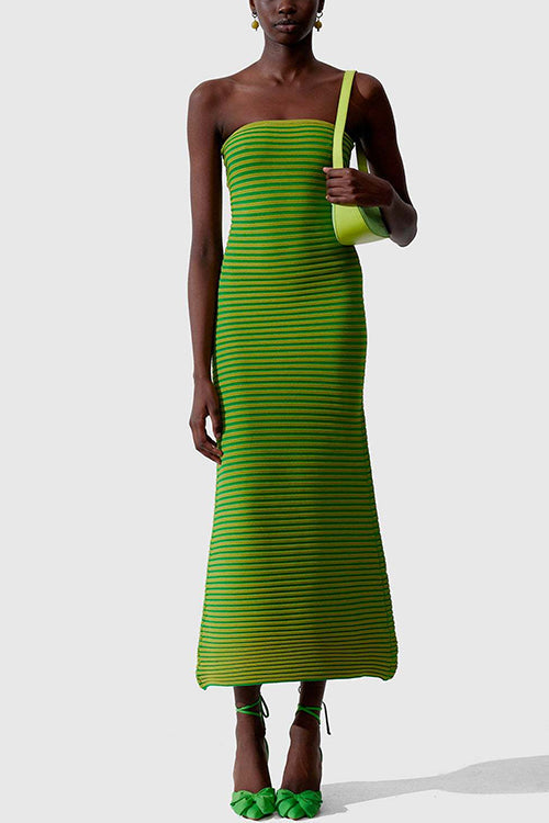 Trixiedress Strapless Tube Striped Knit Maxi Bodycon Dress