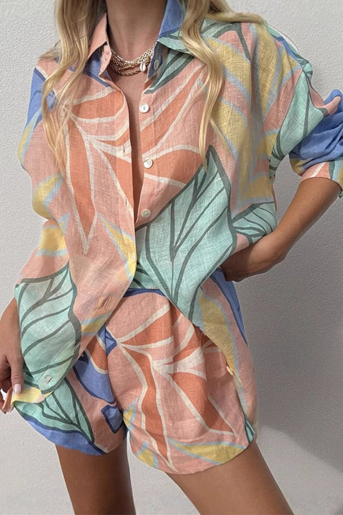 Trixiedress Unique Print Long Sleeves Button Up Shirt and Pocketed Shorts Linen Set