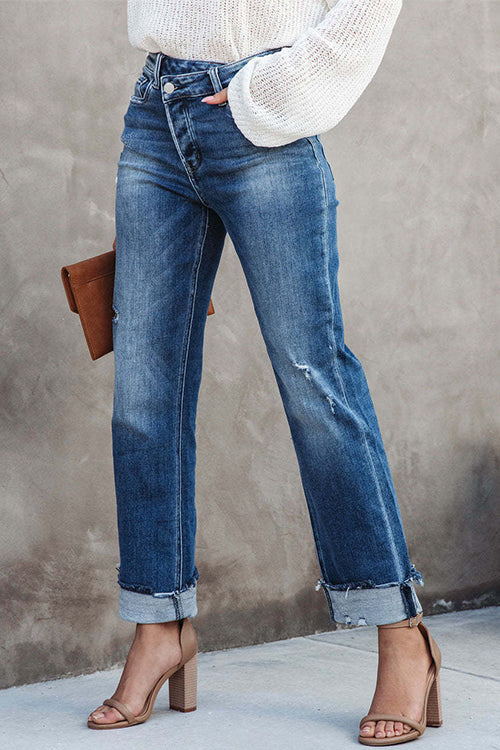 Trixiedress High Waist Straight Leg Ripped Denim Pants