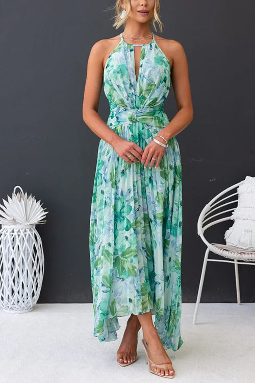 Trixiedress V Neck Waisted Cut Out Floral Pleated Maxi Dress