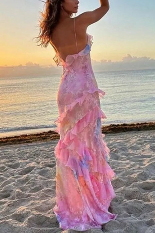 Trixiedress Spaghetti Strap Backless Ruffle Trim Printed Maxi Dress