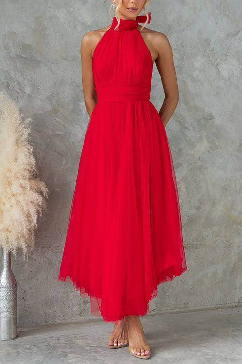 Trixiedress Bow Knot Halter Open Back Tulle Maxi Dress