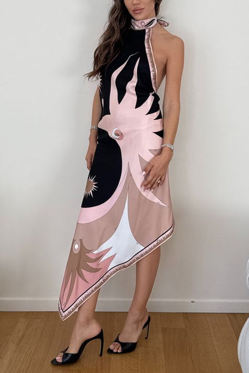 Trixiedress Halter Neck Open Back Asymmetric Hem Printed Satin Midi Dress