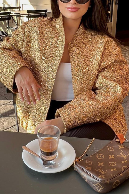 Trixiedress Stand Collar Zip Up Pocketed Sequin Jacket