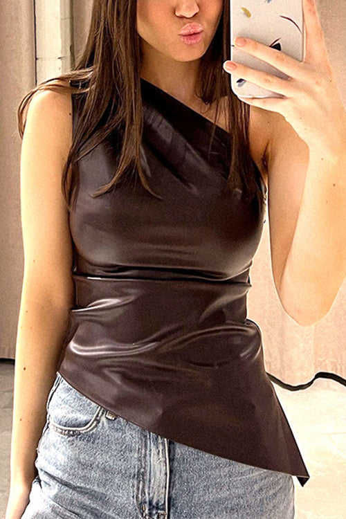 Trixiedress One Shoulder Sleeveless Asymmetric Faux Leather Top