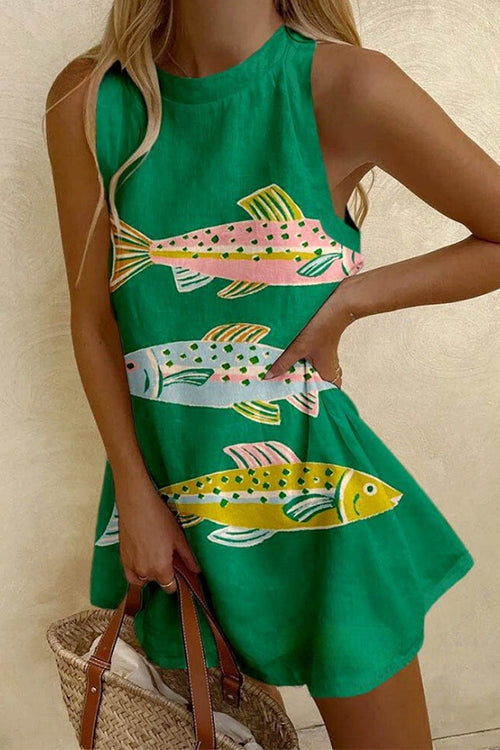Trixiedress Crewneck Sleeveless Fish Print Mini Beach Dress