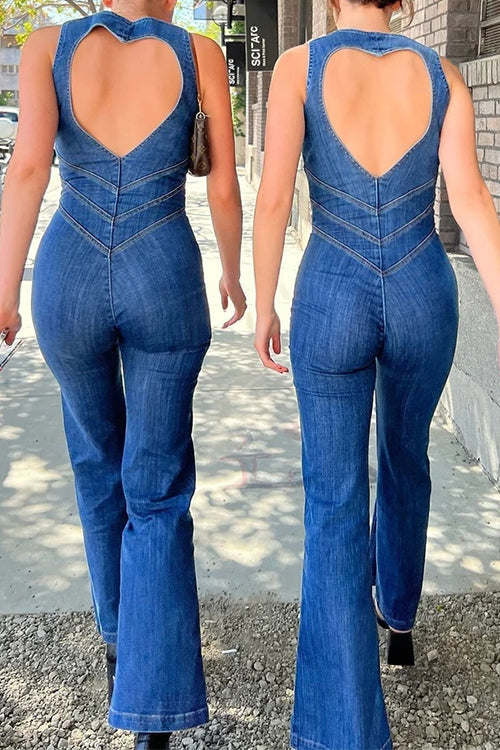 Trixiedress Zip Up Sleeveless Heart Back Bell Bottom Denim Jumpsuit