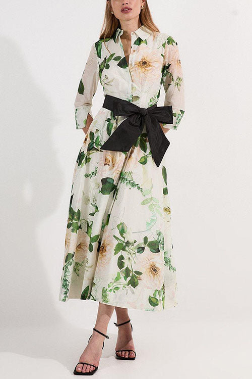 3/4 Sleeves Button Up Wild Rose Print Shirt Maxi Dress