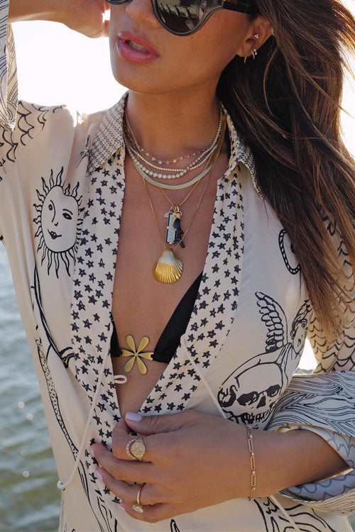 Trixiedress Collared V Neck Shirt and Side Slit Shorts Vitamin Sea Print Set