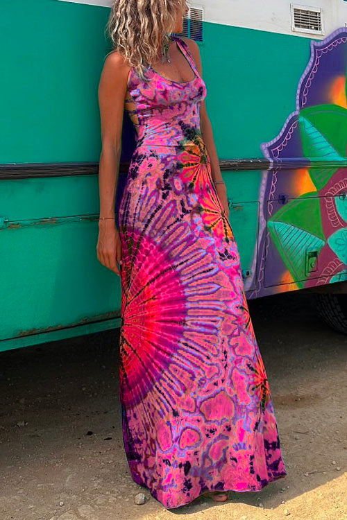 Trixiedress Criss Cross Strappy Backless Tie Dye Maxi Holiday Dress