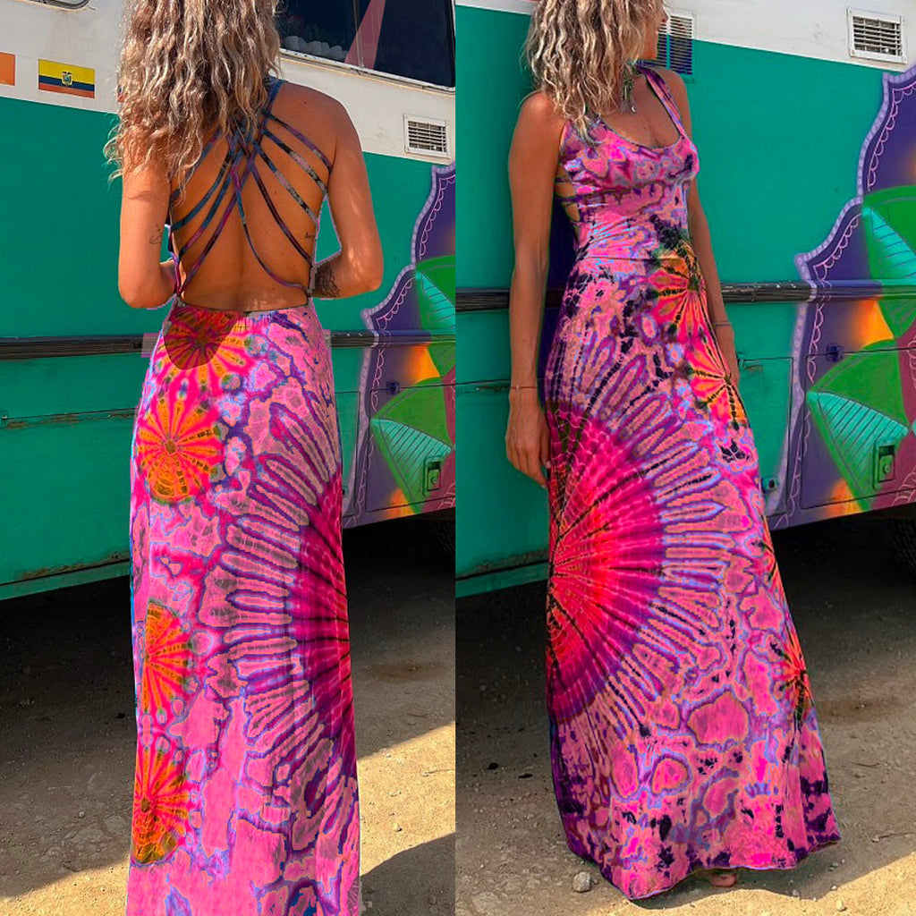 Trixiedress Criss Cross Strappy Backless Tie Dye Maxi Holiday Dress