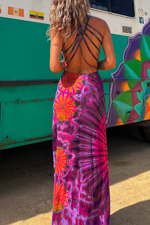 Trixiedress Criss Cross Strappy Backless Tie Dye Maxi Holiday Dress