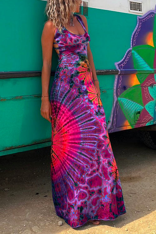 Trixiedress Criss Cross Strappy Backless Tie Dye Maxi Holiday Dress
