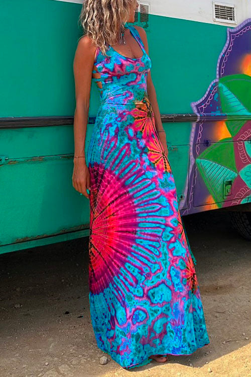Trixiedress Criss Cross Strappy Backless Tie Dye Maxi Holiday Dress