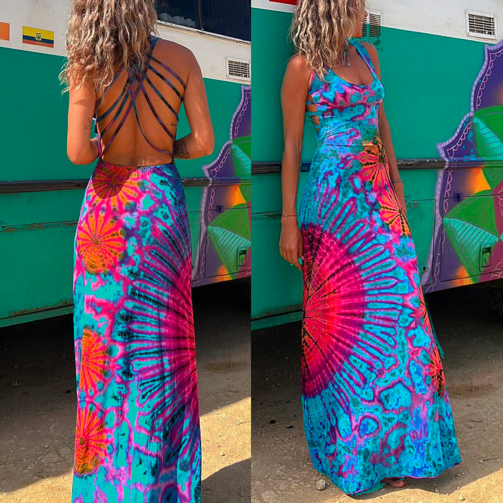 Trixiedress Criss Cross Strappy Backless Tie Dye Maxi Holiday Dress