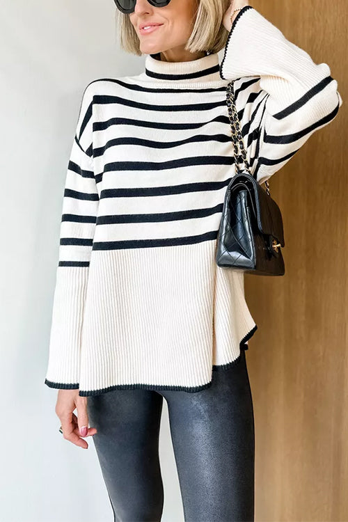 Trixiedress Turtleneck Side Split Striped Sweater