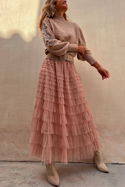 Trixiedress Tulle Layered Ruffle Mesh Maxi Skirt