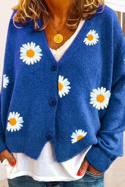 Trixiedress V Neck Button Up Daisy Embroidery Sweater Cardigan