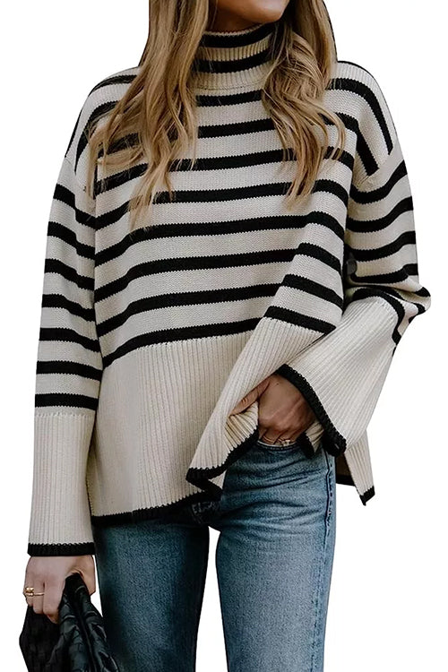 Trixiedress Turtleneck Side Split Striped Sweater