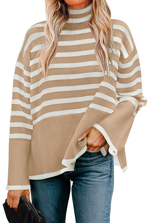 Trixiedress Turtleneck Side Split Striped Sweater
