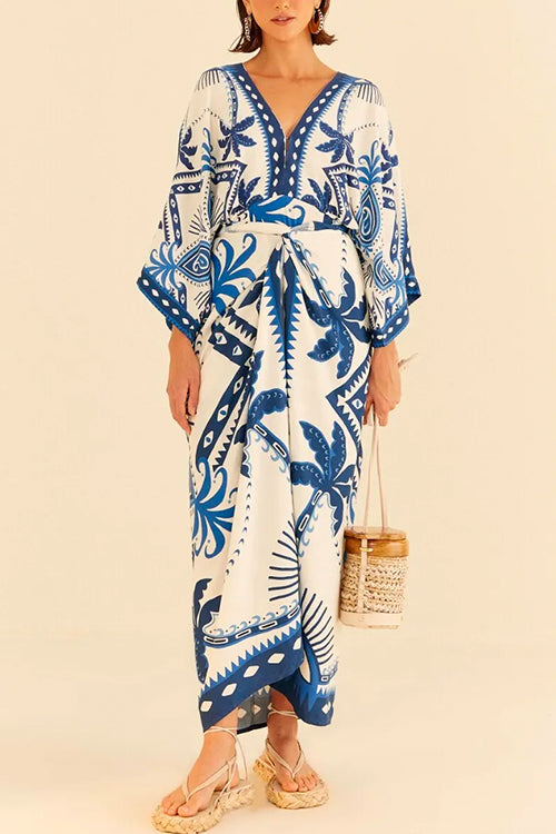 Trixiedress V Neck Kimono Sleeves Tie Waist Printed Wrap Dress
