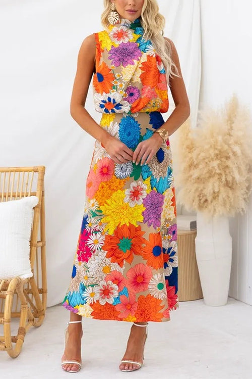 Trixiedress Sleeveless Tie Neck Waisted Floral Print Maxi Dress