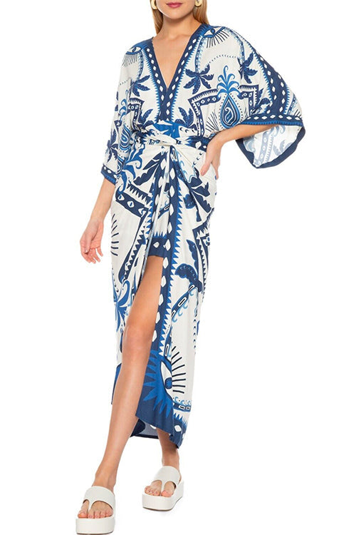 Trixiedress V Neck Kimono Sleeves Tie Waist Printed Wrap Dress