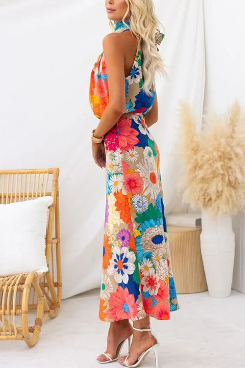 Trixiedress Sleeveless Tie Neck Waisted Floral Print Maxi Dress