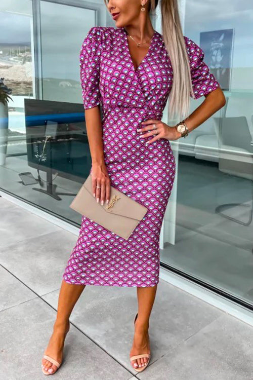 Trixiedress Wrap V Neck Puff Sleeves Printed Midi Bodycon Dress