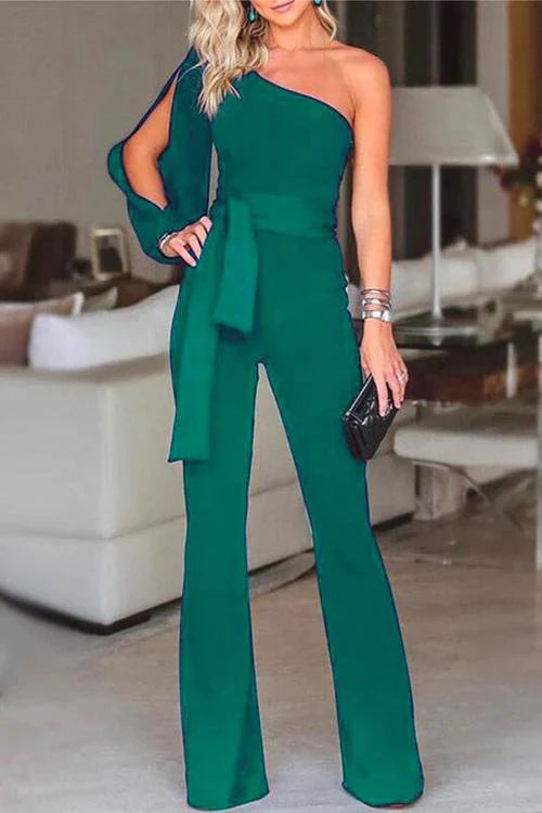 Trixiedress One Shoulder Slit Sleeve Tie Knot Jumpsuit