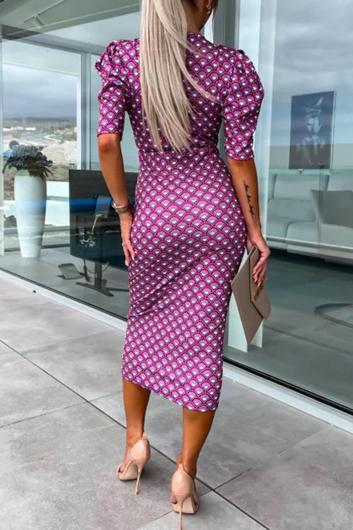 Trixiedress Wrap V Neck Puff Sleeves Printed Midi Bodycon Dress