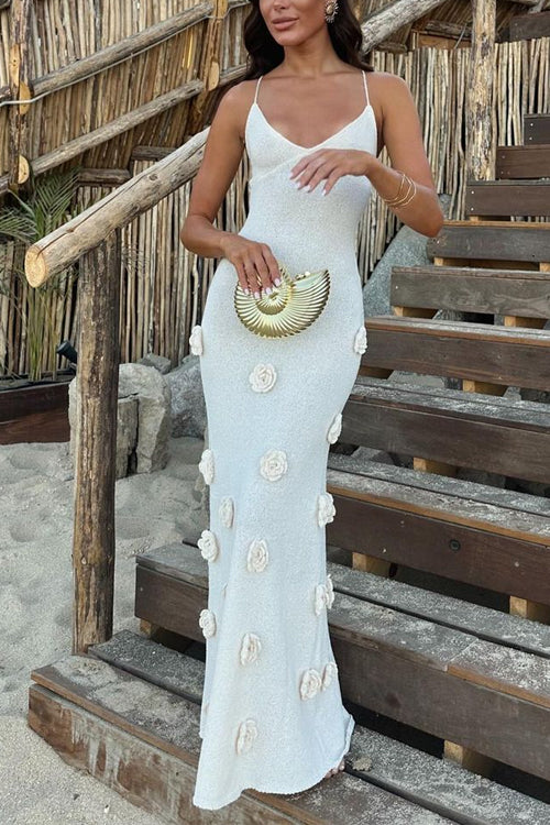 Trixiedress Open Back Flowers Applique Knitting Maxi Vacation Dress