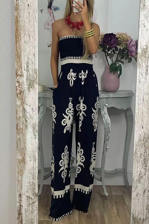 Trixiedress Off Shoulder Smocked High Waist Wide Leg Printed Jumpsuit