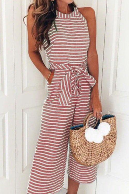 Trixiedress Crewneck Sleeveless Bow Knot Wide Leg Striped Jumpsuit