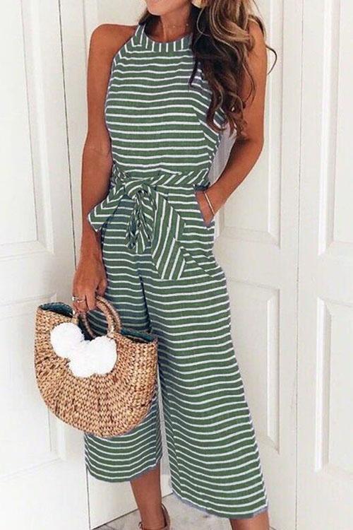 Trixiedress Crewneck Sleeveless Bow Knot Wide Leg Striped Jumpsuit