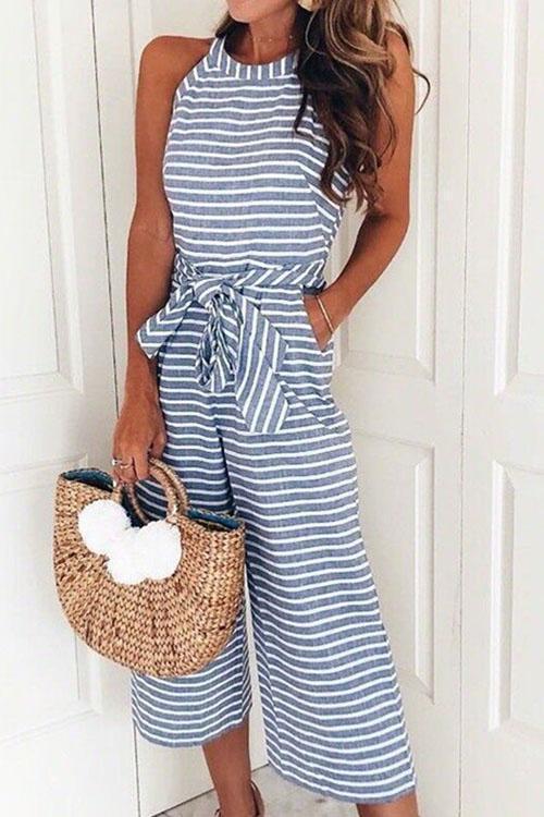 Trixiedress Crewneck Sleeveless Bow Knot Wide Leg Striped Jumpsuit
