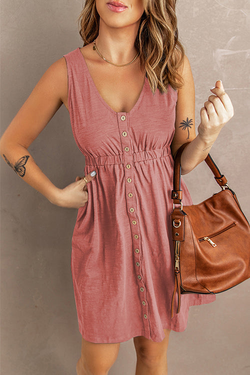 Trixiedress V Neck Sleeveless Waisted Button Down Dress